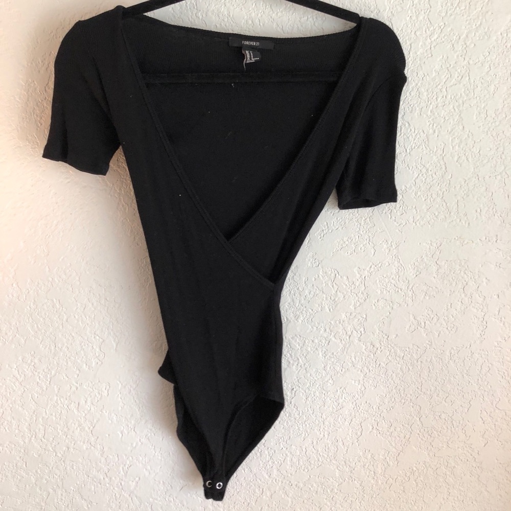 Black F21 Deep-V Wrap Romper Bodysuit Sz. S